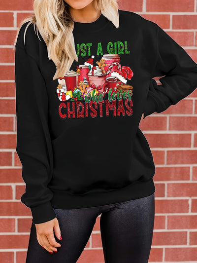 Festive Christmas Graphic Letter Pattern Sweatshirt: A Cozy Crew Neck for Women's Fall/Winter Wardrobe