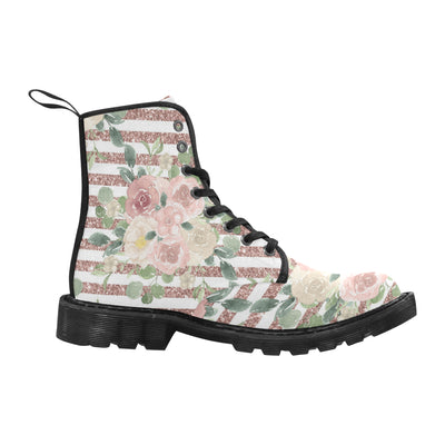 Sweet Pink Floral Boots, Glitter Art Martin Boots for Women