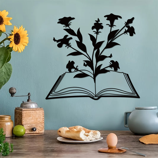 "Add a touch of modern sophistication to your home with the Blooming Book: Minimalist Metal Wall Art. Crafted with precision and designed with a geometric library in mind, this unique piece will elevate any space. The delicate blooms evoke a sense of elegance, making it a perfect gift for any book lover."
