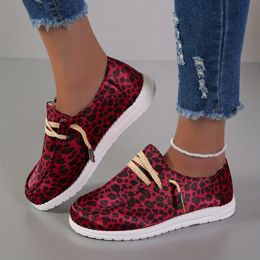 These Women's Red Leopard Print Canvas Shoes are lightweight and stylish, making them perfect for all-day wear. The low-top design and lace up closure ensure a secure and comfortable fit. A fashionable choice for everyday walks.
