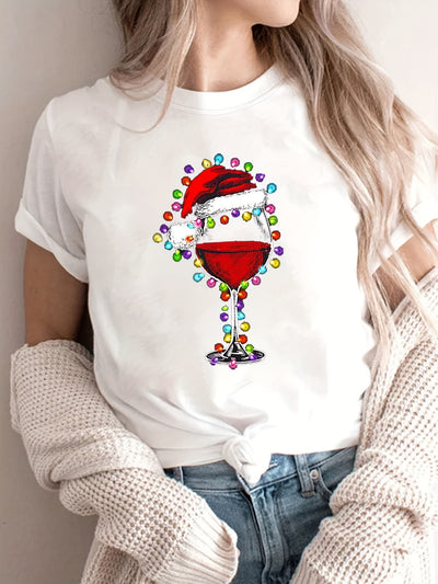 Christmas Bliss: Women's Casual Short Sleeve Wine Glass Print Crew Neck T-Shirt for Spring/Summer Styling