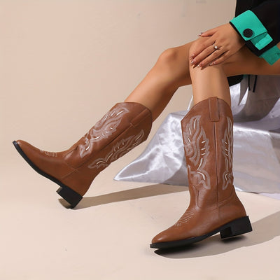 Stylish Western Vibes: Women's Embroidered Chunky Heel Boots - Fashionable Square Toe Cowboy Boots for Comfort and Style