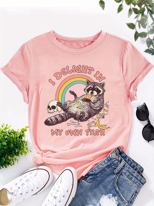 Elevate your fashion game with the Ravishing Raccoon Rainbow Print T-Shirt. This stylish addition to your wardrobe features a playful rainbow print and comfortable crew neck design, perfect for any season. Stand out in style and make a statement with this must-have piece.