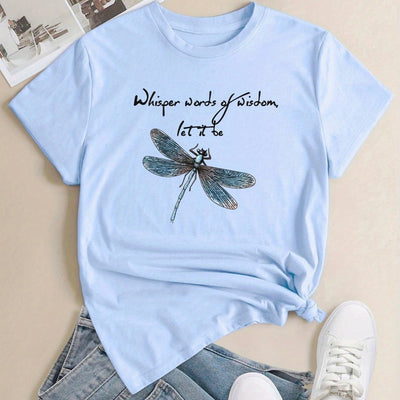 Colorful Dragonfly & Letter T-Shirt, Cute Cartoon Short Sleeve Crew Neck Shirt, Casual Every Day Tops, Women's Clothing