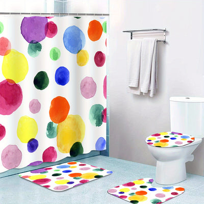 Whimsical Watercolor Polka Dot Bathroom Set: Stay Stylish & Dry with 4pcs Waterproof Shower Curtain, Rug, and Toilet Lid Cover