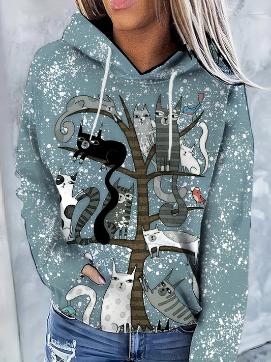 Stay trendy and cozy with our Stylish and Comfortable Cool Cat Print Drawstring Hoodie. This casual, long sleeve sweatshirt for women features a trendy cat print and a convenient pocket. Its drawstring hood adds both style and comfort to your wardrobe. Perfect for a cool and comfortable look.
