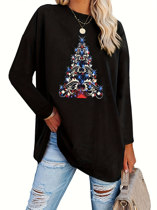 Look stylish and comfortable this holiday season in this Women's Plus Size Tree Print Long Sleeve Tshirt, designed with medium stretch for a relaxed fit that won't restrict your movement. A festive design adds a touch of Christmas flair.