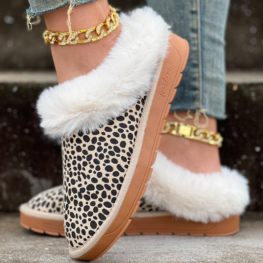 Leopard Pattern Fluffy Slip-On Shoes for Cozy Winter Comfort