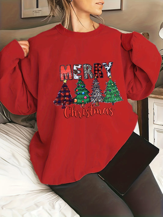 This plus size Christmas sweatshirt is perfect for your holiday outfit. The festive tree slogan print adds a cheerful touch to your outfit. The soft and cozy fabric will keep you feeling comfortable while you create lasting memories this holiday season.