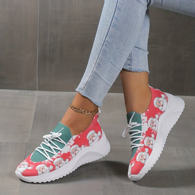 Playful and Festive: Women's Cartoon Santa Claus Print Sneakers – Holiday Magic in Every Step!