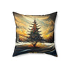 Romantic Snowy Landscape Christmas Tree On Canvas, Spun Polyester Square Pillow