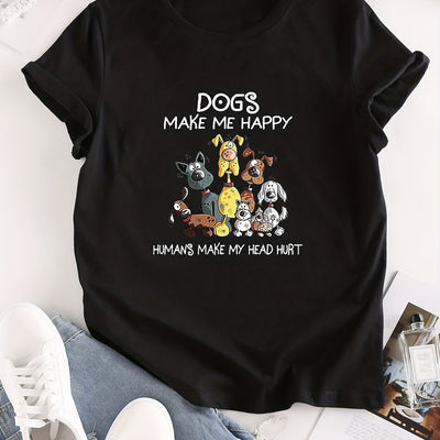 Casual and Trendy: Cartoon Dog Print Crew Neck T-Shirt for Fashionable Summer Looks