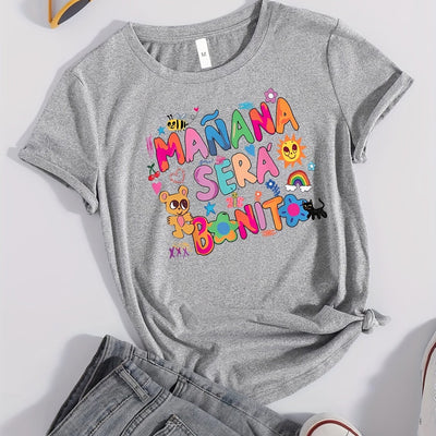 Colorful Cartoon Print T-Shirt: Embrace the Playful Vibes of Summer and Spring with this Casual Women's Top