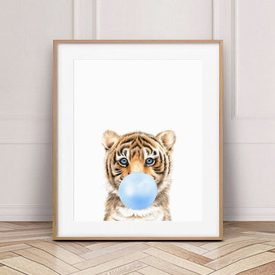 6pcs Whimsical Animal Posters: Adorable Blue Bubble Gum Wall Decors for Baby and Kids' Rooms
