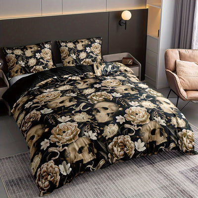 White Flower Skull Digital Print Duvet Cover Set: Elegant and Comfortable Bedding for Modern Bedrooms(1*Duvet Cover + 2*Pillowcases, Without Core)