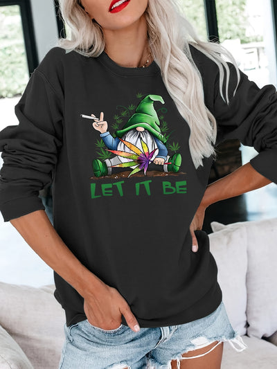 Gnome & Letter Print Pullover Sweatshirt, Casual Long Sleeve Crew Neck Sweatshirt For Fall & Winter, Women's Clothing