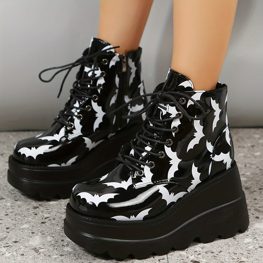 These stylish Halloween ankle boots are perfect for making a spooky statement this season. A bat pattern and 3-inch wedge heel add a unique touch to these shoes, while the padded insoles and treaded outsoles provide maximum comfort and stability.