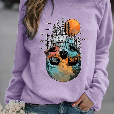 Spooky Chic: Halloween Skull Forest Print Sweatshirt - A Must-Have for Women's Casual Wear