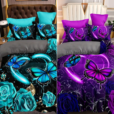 Add a touch of beauty to your bedroom or guestroom with this duvet cover set. It features a butterfly and rose print on ultra-soft, comfortable fabric. This set includes a duvet cover and two pillowcases, and does not include a duvet core.