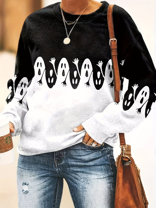 Spooky Chic: Halloween Ghost Print Pullover Sweatshirt for Fall/Winter