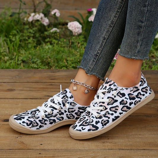 Women's Leopard Series Print Canvas Shoes, Casual Lace Up Outdoor Sneakers, Lightweight Walking Shoes