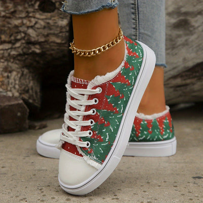 Festive Footwear: Women's Christmas Tree Print Canvas Shoes – Casual Lace-Up Outdoor Shoes for Lightweight Holiday Style
