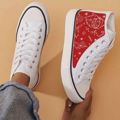 Festive Fashion: Women's Christmas Pattern Canvas Shoes – Casual High Top Outdoor Shoes for Comfortable Holiday Style