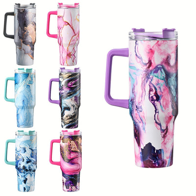 Stay hydrated on the go with this 40oz tumbler cup. Its colorful marble stainless steel body is durable and insulated, ensuring cold or hot drinks remain at the desired temperature for a prolonged period. The extra-large capacity, straw, and portable design makes it perfect for outdoor activities.