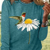 Whimsical Bird and Flower Print Crew Neck T-Shirt: A Perfect Casual Long Sleeve for Spring-Fall