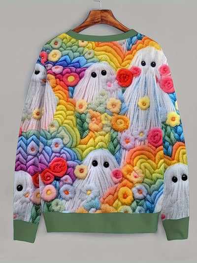 Haunted Blooms: Halloween-inspired Flower Ghost Print Sweatshirt for Women