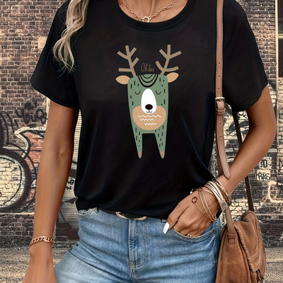 Mini Cute Deer Graphic Print T-Shirt: A Casual Short Sleeve Tee for Stylish Women's Clothing in Spring and Summer