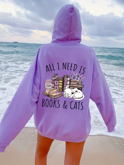 Feline Frenzy: Books & Cats Print Hoodie - Stay Cozy and Stylish this Winter/Fall with this Casual Hooded Sweatshirt for Women