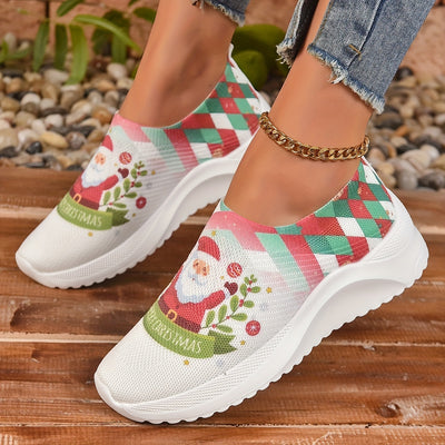 Women's Festive Santa Claus Pattern Sneakers: Lightweight Slip-On Christmas Sport Shoes