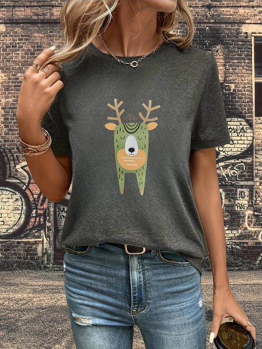 This Mini Cute Deer Graphic Print T-Shirt offers stylish women's clothing for everyday wear in the spring and summer. Crafted of a lightweight cotton-blend fabric, it features a relaxed fit and short sleeves. The intricate deer graphic print adds a touch of charm, perfect for casual occasions.