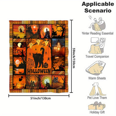 Halloween Witch Riding & Black Cat, Halloween Element Print Blanket - Perfect for Couch, Sofa, Office, Bed, Camping & Travelling!
