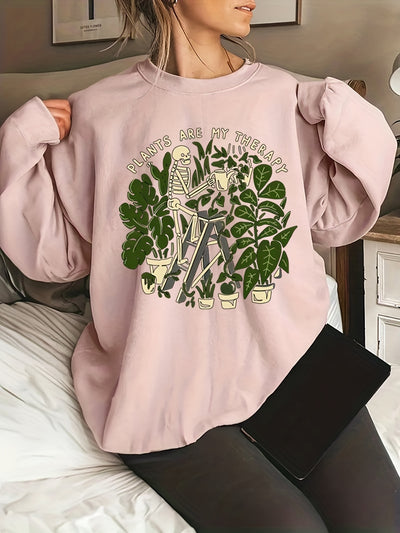 Stylish and Spooky: Women's Plus Size Halloween Casual Sweatshirt with Skull Plants Slogan Print