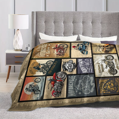 This vintage motorcycle blanket, perfect for a motorcycle lover's birthday or special occasion, boasts a unique old-fashion print, perfect for any biker fan. Soft and comfortable, this blanket is sure to become a treasured keepsake.