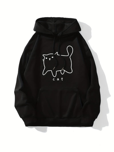 Stylish and Functional Cute Cat Print Hoodie - Women's Sweatshirt with a Versatile Drawstring Kangaroo Pocket