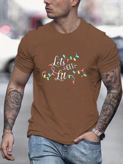 Let's Get Lit Letter Print Men's Summer T-Shirt: A Festive Graphic Tee Perfect for Christmas and Gifting Men