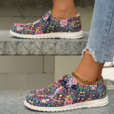 Women's Floral and Skull Print Canvas Shoes: Stylish Lace-Up Sneakers for Casual, Lightweight Outdoor Wear