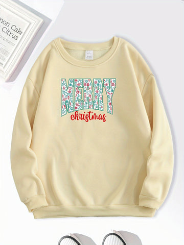 Cute and Festive: Cartoon Merry Christmas Print Sweatshirt for Women