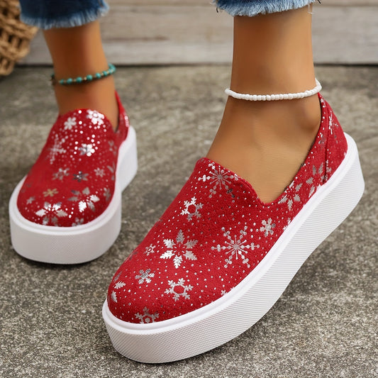 Stylish and Secure: Trendy Red Snowflake Pattern Skate Shoes - Lightweight, Non-Slip Sport Shoes for Women