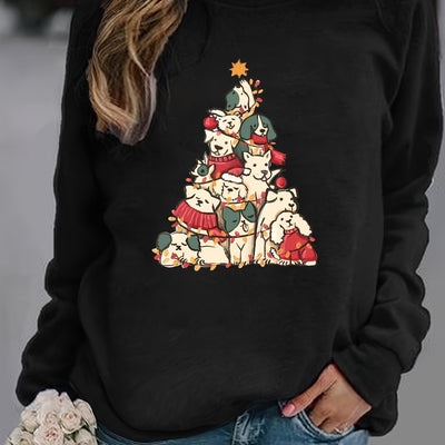 Festive Furry Friends: Christmas Dog Tree Print Sweatshirt – A Cozy Women's Casual Long Sleeve Crew Neck Sweatshirt