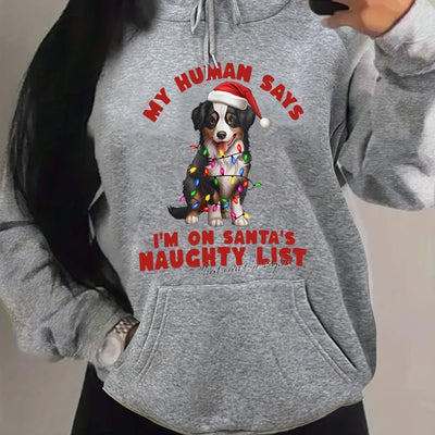Cozy Christmas: Women's Plus-Size Slogan Dog Print Sweatshirt with Pockets