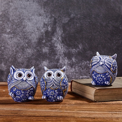 Whimsical Owls Trio: Charming Blue and White Art Decor Ornaments for a Playful Home Decor Touch!