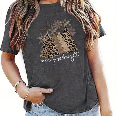 Leopard Tree and Letter Print T-Shirt: Casual Style for Spring/Summer Women's Clothing Collection