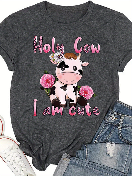 Moo-velous Pink Cow Pattern Crew Neck T-Shirt: Casual Style for the Spring/Summer Season - Women's Clothing