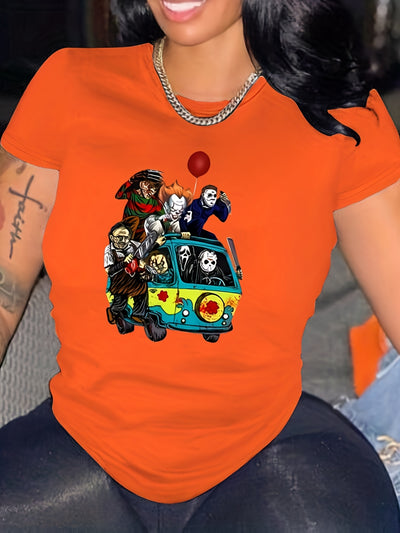 Horror Cartoon Figure Print Plus Size Halloween Casual T-Shirt: Women's Spooky Short Sleeve Tee with a Slight Stretch for Comfort