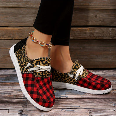 Stylish and Comfortable: Women's Flat Canvas Sneakers - Plaid Leopard Print Low-Top Shoes for Casual and Comfy Walking