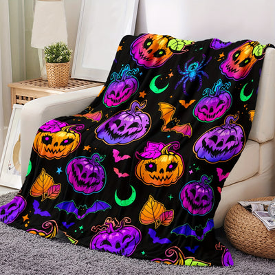 Soft and Warm Halloween Blanket with Coloful Pumpkin Pattern - Perfect for Couch, Sofa, Bed, Office, Camping, and Traveling